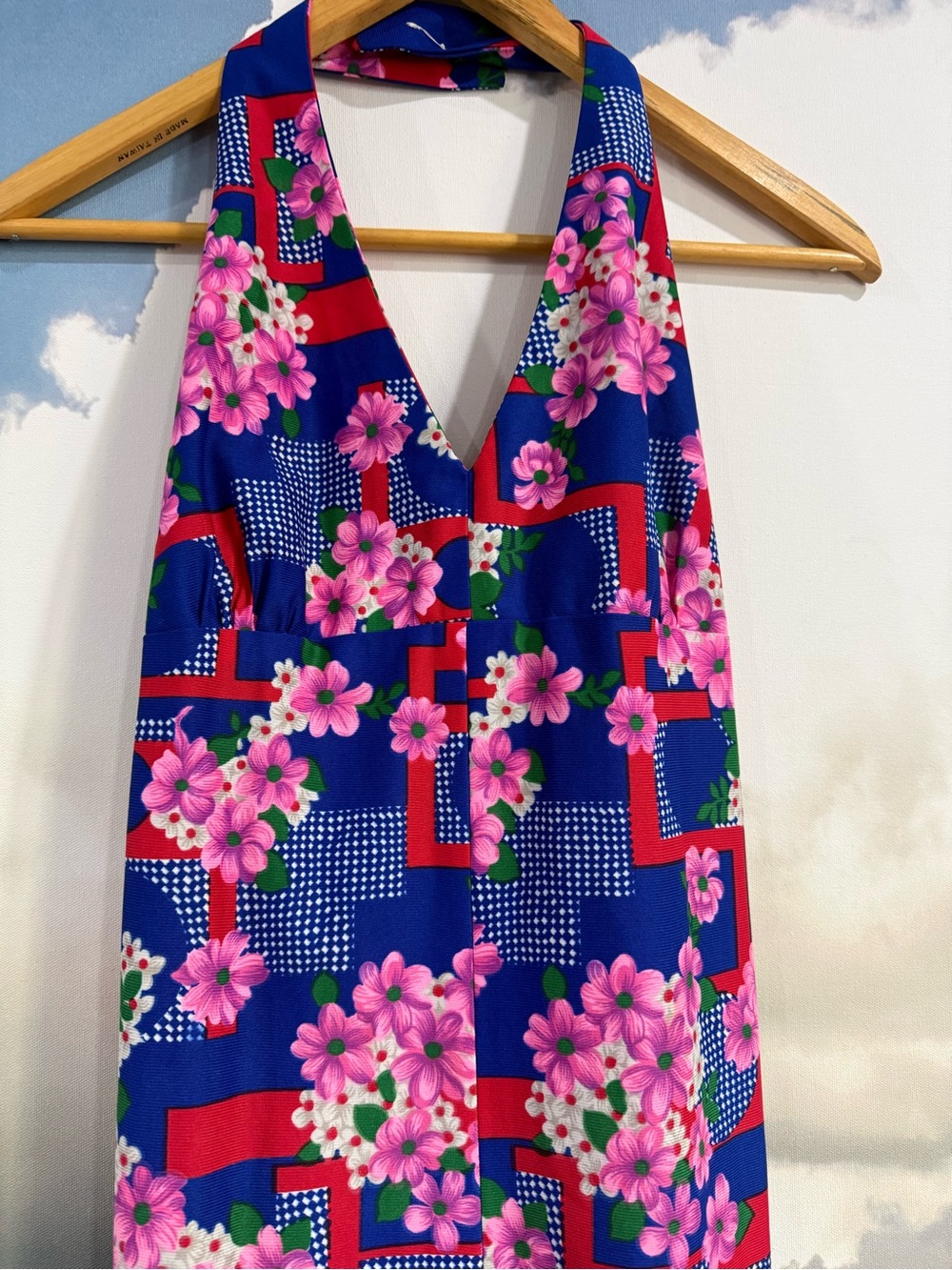 Vintage Floral Halter Maxi Dress - Bold Blue Pink Floral Geometric Print S/M fit - Picture 3 of 11